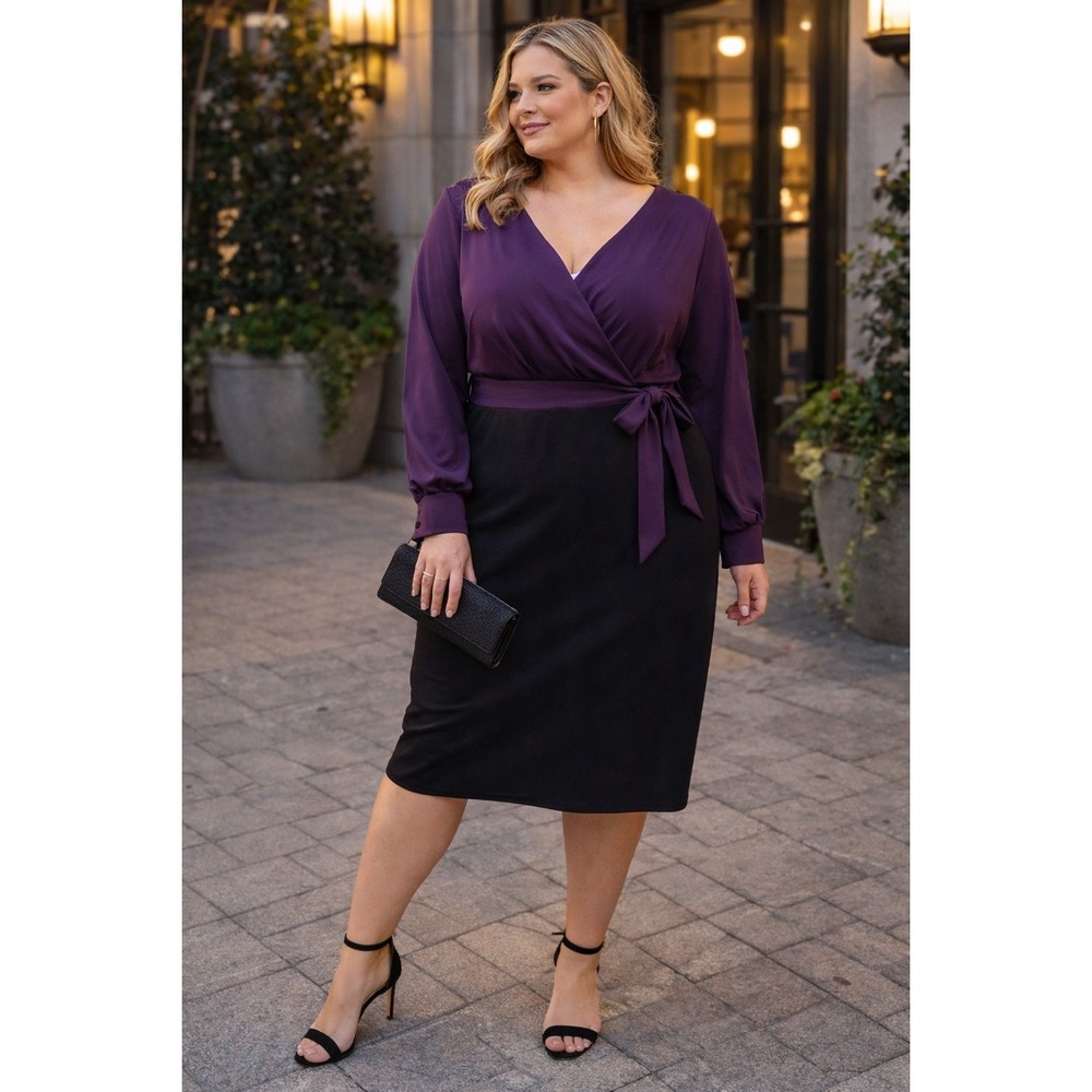 Grace Karin‎ Purple Black Colorblock V-Neck Tie Waist Sheath Dress 2XL NWT work